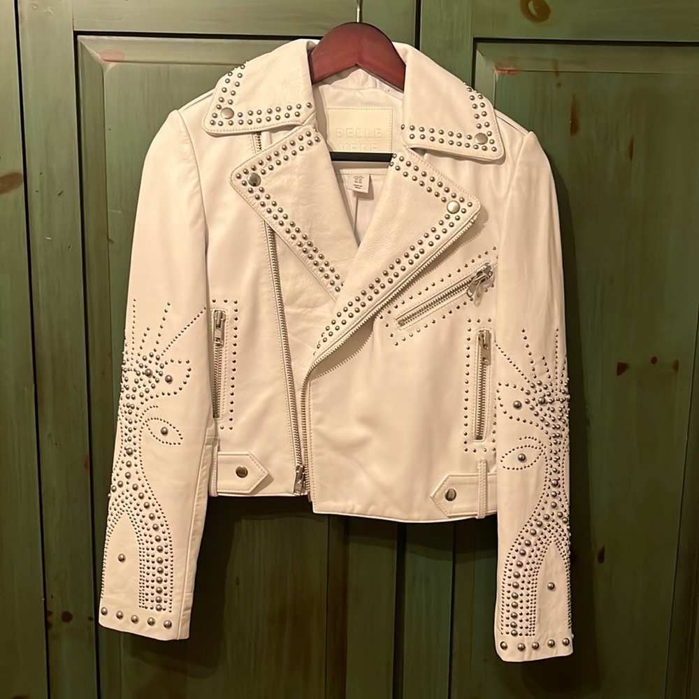 Gorgeous Belle Vere studded white leather jacket